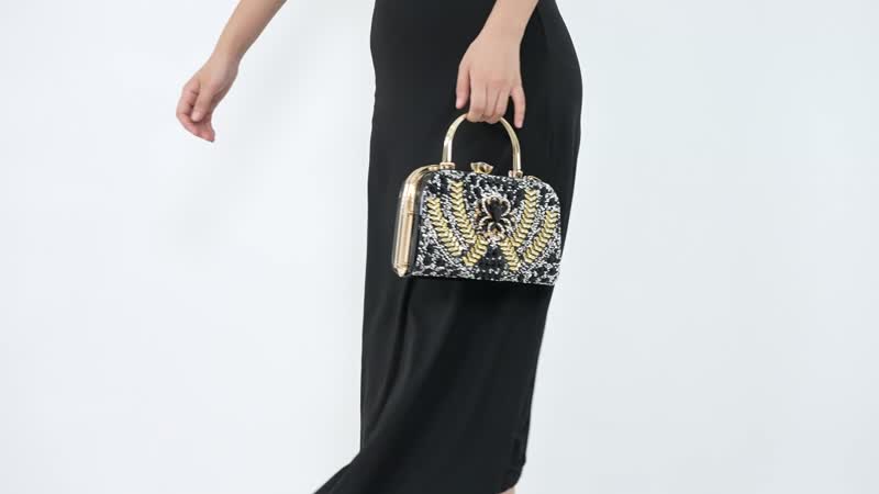 Black 3D Leaves Crystal Clutch Bag (9"x5.3"x6.3") with Shoulder Strap