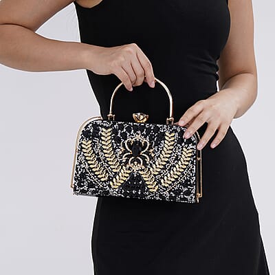 Miggie D Black 3D Leaves Crystal Clutch Bag with Shoulder Strap