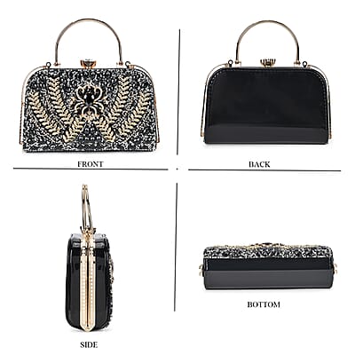 Miggie D Black 3D Leaves Crystal Clutch Bag with Shoulder Strap