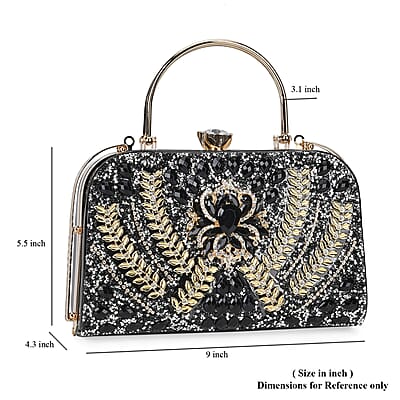 Miggie D Black 3D Leaves Crystal Clutch Bag with Shoulder Strap