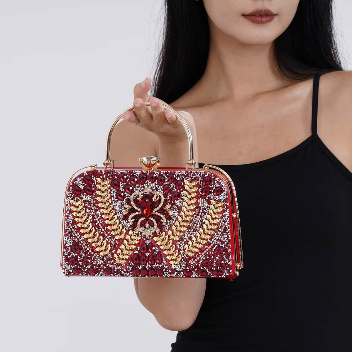 Red 3D Leaves Crystal Clutch Bag with Shoulder Strap image number 2