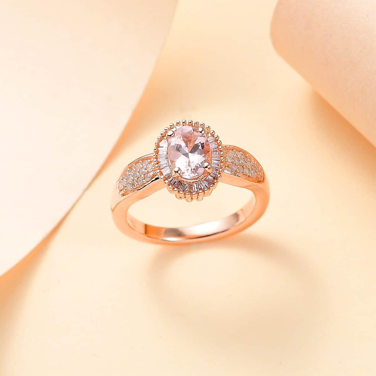 Premium Marropino Morganite, Natural Pink and White Diamond 1.00 ctw Rose of Elegance Ring in 18K Vermeil Rose Gold Over Sterling Silver (Size 10.0)  image number 1