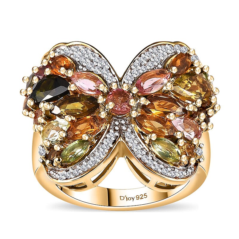 D'Joy Multi-Tourmaline and Moissanite 3.40 ctw Butterfly Ring in 18K Vermeil Yellow Gold Over Sterling Silver (Size 10.0)