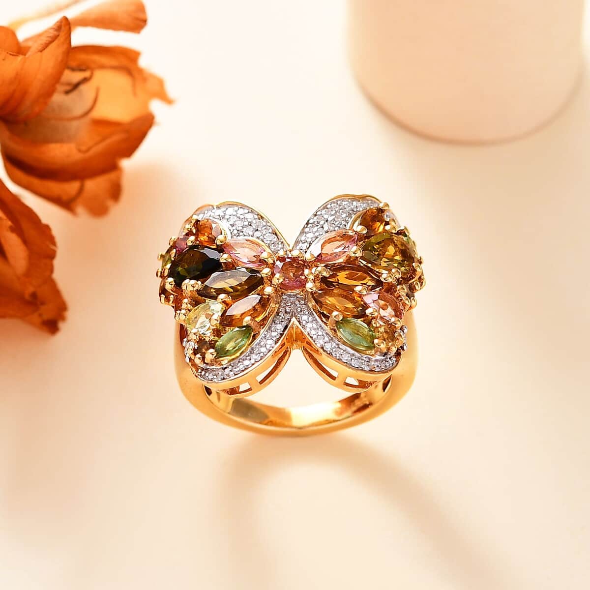 Multi-Tourmaline, Moissanite Butterfly Ring in 18K Vermeil YG Over Sterling Silver (Size 10.0) 3.40 ctw image number 1