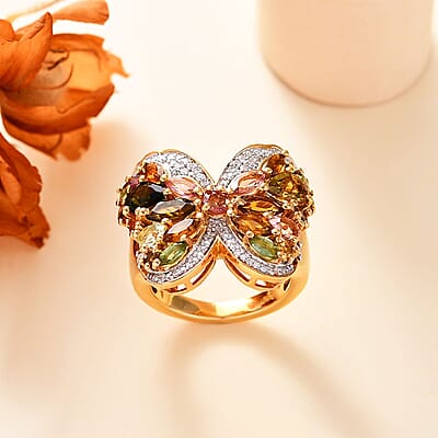D'Joy Multi-Tourmaline and Moissanite 3.40 ctw Butterfly Ring in 18K Vermeil Yellow Gold Over Sterling Silver (Size 10.0)