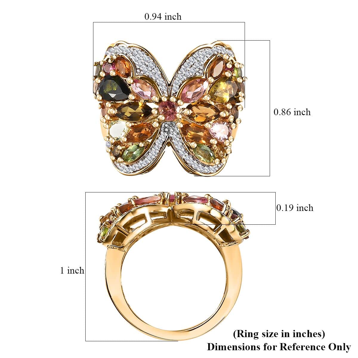 Multi-Tourmaline and Moissanite 3.40 ctw Butterfly Ring in 18K Vermeil Yellow Gold Over Sterling Silver (Size 10.0) image number 5