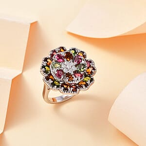 Multi-Tourmaline and Moissanite 3.80 ctw Flower Ring in Rhodium Over Sterling Silver (Size 10.0)