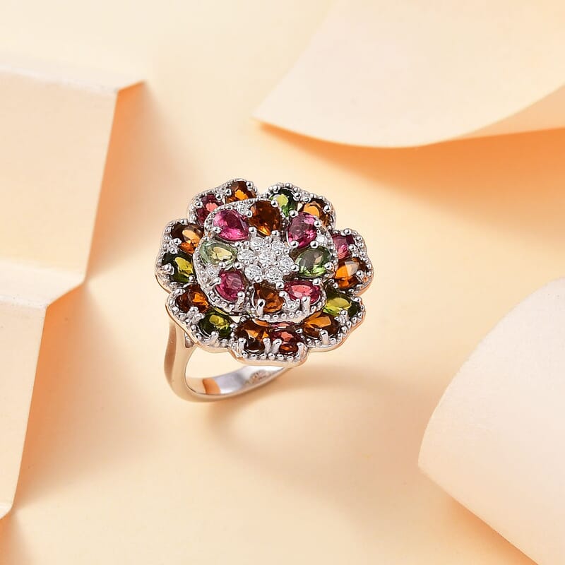 Multi-Tourmaline and Moissanite 3.80 ctw Flower Ring in Rhodium Over Sterling Silver (Size 10.0)