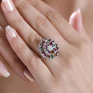 Multi-Tourmaline and Moissanite 3.80 ctw Flower Ring in Rhodium Over Sterling Silver (Size 10.0)