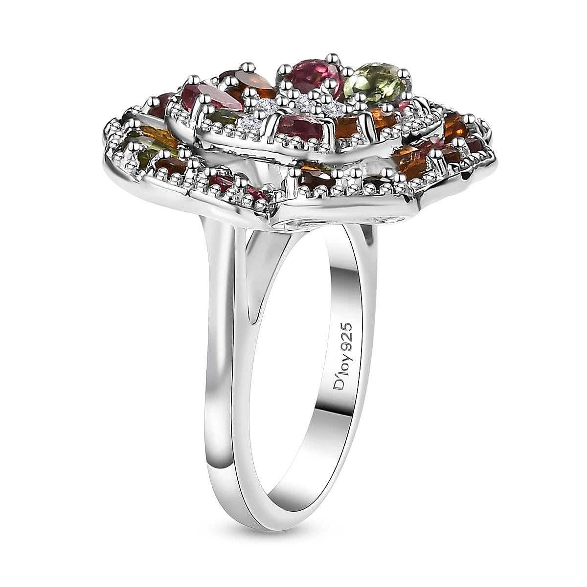 Multi-Tourmaline and Moissanite 3.80 ctw Flower Ring in Rhodium Over Sterling Silver (Size 10.0)