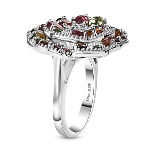 Multi-Tourmaline and Moissanite 3.80 ctw Flower Ring in Rhodium Over Sterling Silver (Size 10.0)