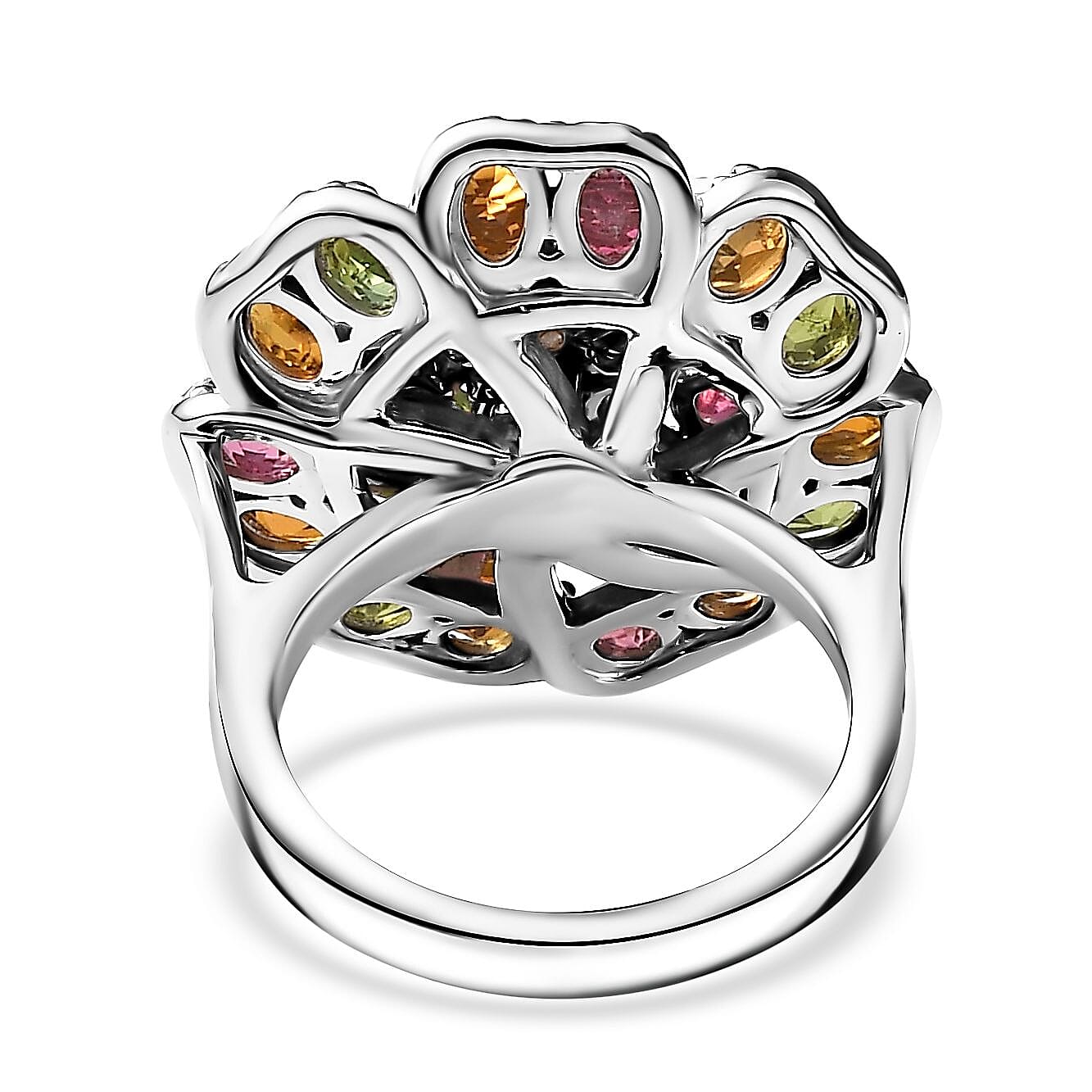 Multi-Tourmaline and Moissanite 3.80 ctw Flower Ring in Rhodium Over Sterling Silver (Size 10.0)