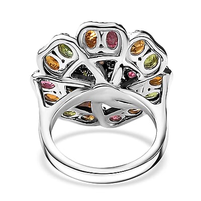Multi-Tourmaline and Moissanite 3.80 ctw Flower Ring in Rhodium Over Sterling Silver (Size 10.0)