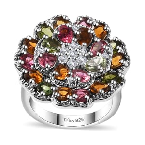 Multi-Tourmaline and Moissanite 3.80 ctw Flower Ring in Rhodium Over Sterling Silver (Size 5.0)