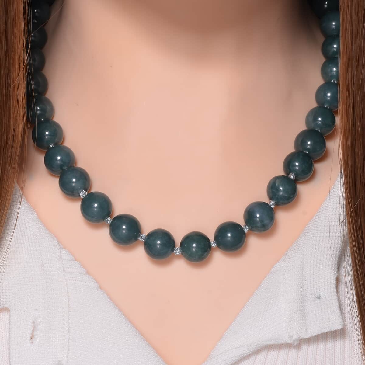 Olmec Jadeite 620.00 ctw Beaded Magnetic Clasp Necklace in Rhodium Over Sterling Silver 20 Inches image number 1