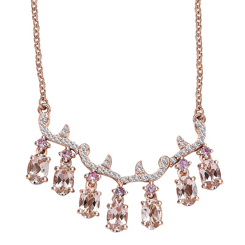 D'Joy Premium Marropino Morganite and Multi Gemstone 3.90 ctw Wisteria flower Garland Necklace in 18K Vermeil Rose Gold Over Sterling Silver 18 Inches