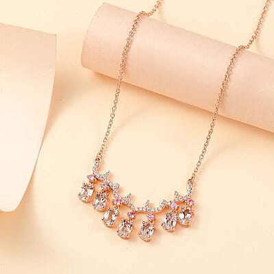 D'Joy Premium Marropino Morganite and Multi Gemstone 3.90 ctw Wisteria flower Garland Necklace in 18K Vermeil Rose Gold Over Sterling Silver 18 Inches