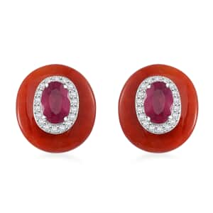 Red Jade (D), Niassa Ruby (FF) and White Zircon 8.30 ctw Eternal Harmony Earrings in Rhodium Over Sterling Silver