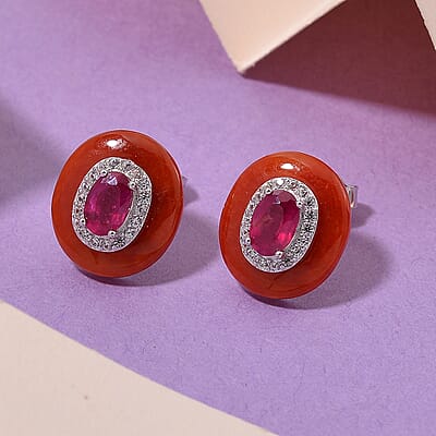 Red Jade (D), Niassa Ruby (FF) and White Zircon 8.30 ctw Eternal Harmony Earrings in Rhodium Over Sterling Silver