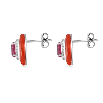 Red Jade (D), Niassa Ruby (FF) and White Zircon 8.30 ctw Eternal Harmony Earrings in Rhodium Over Sterling Silver