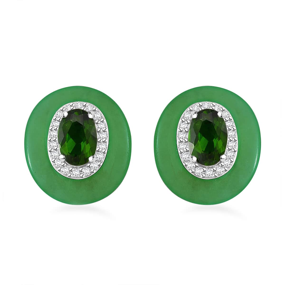 Green Jade (D), Chrome Diopside and White Zircon 7.90 ctw Eternal Harmony Earrings in Rhodium Over Sterling Silver image number 0