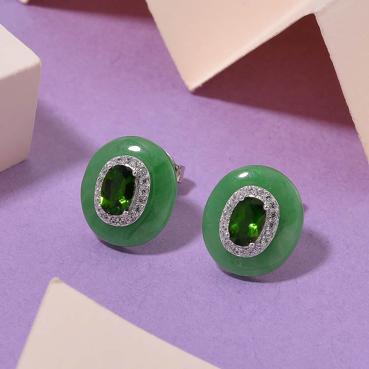 Green Jade (D), Chrome Diopside and White Zircon 7.90 ctw Eternal Harmony Earrings in Rhodium Over Sterling Silver image number 1