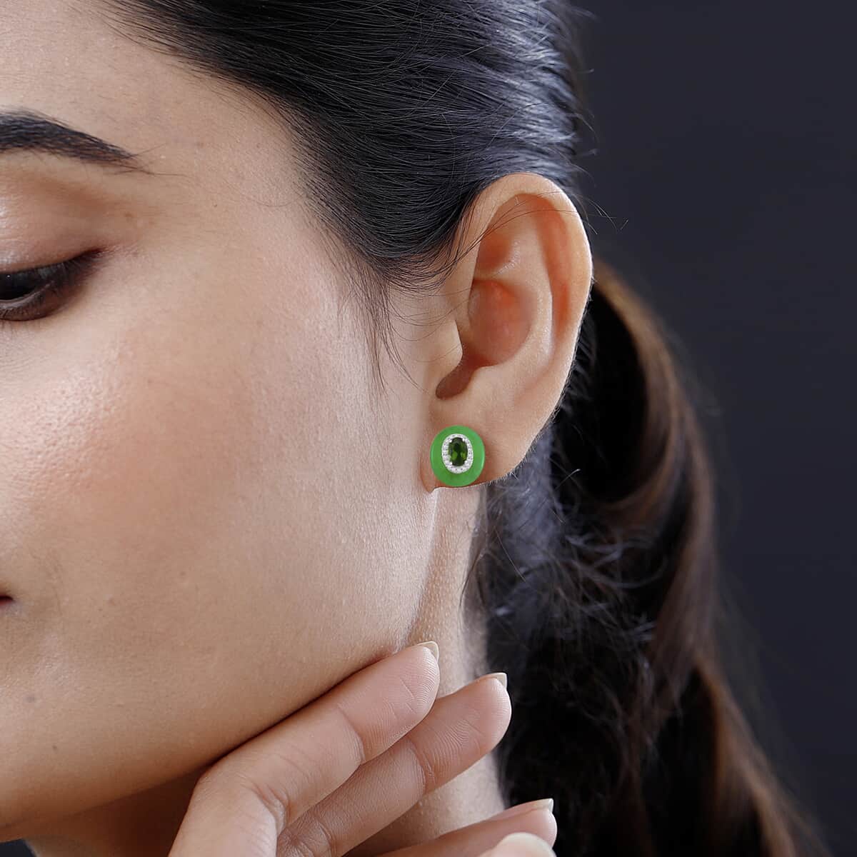 Green Jade (D), Chrome Diopside and White Zircon 7.90 ctw Eternal Harmony Earrings in Rhodium Over Sterling Silver image number 2