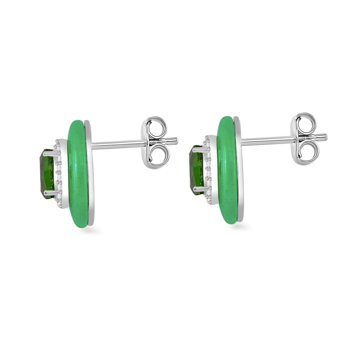 Green Jade (D), Chrome Diopside and White Zircon 7.90 ctw Eternal Harmony Earrings in Rhodium Over Sterling Silver image number 3