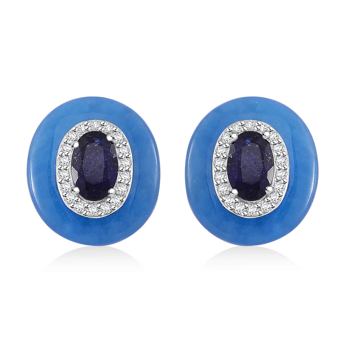 Blue Jade (D), Masoala Sapphire (D) and White Zircon 8.40 ctw Eternal Harmony Earrings in Rhodium Over Sterling Silver image number 0