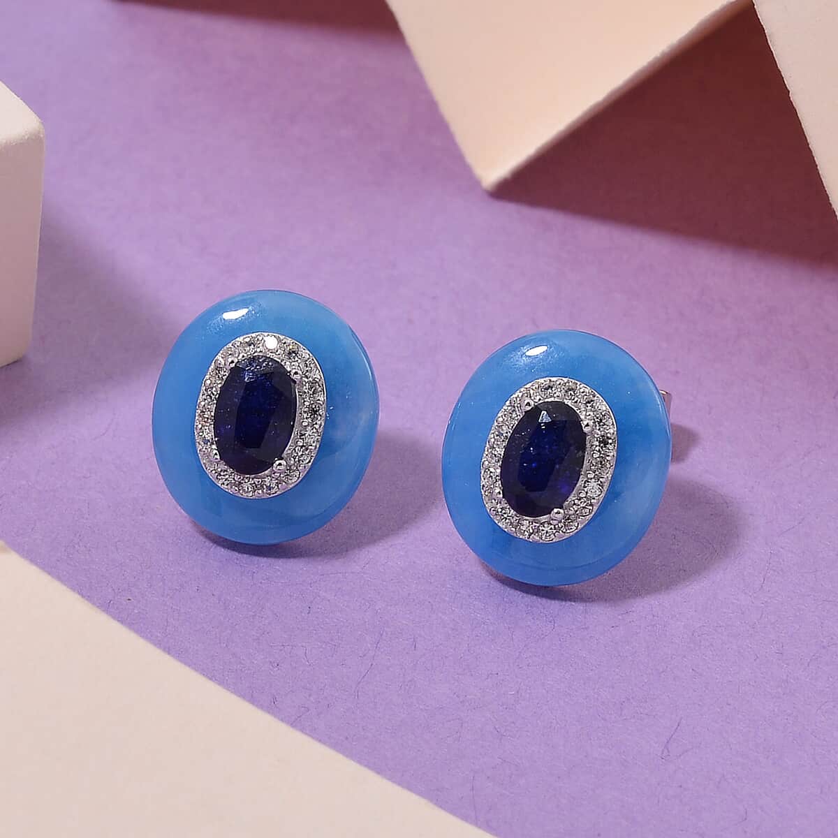 Blue Jade (D), Masoala Sapphire (D) and White Zircon 8.40 ctw Eternal Harmony Earrings in Rhodium Over Sterling Silver image number 1