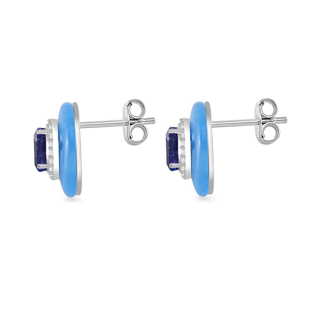 Blue Jade (D), Masoala Sapphire (D) and White Zircon 8.40 ctw Eternal Harmony Earrings in Rhodium Over Sterling Silver image number 2