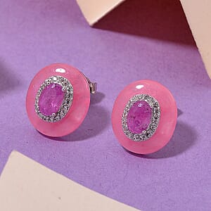 Pink Jade (D), Ilakaka Hot Pink Sapphire (FF) and White Zircon 8.40 ctw Eternal Harmony Earrings in Rhodium Over Sterling Silver