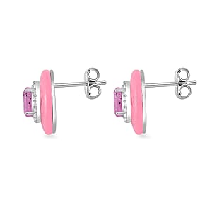 Pink Jade (D), Ilakaka Hot Pink Sapphire (FF) and White Zircon 8.40 ctw Eternal Harmony Earrings in Rhodium Over Sterling Silver