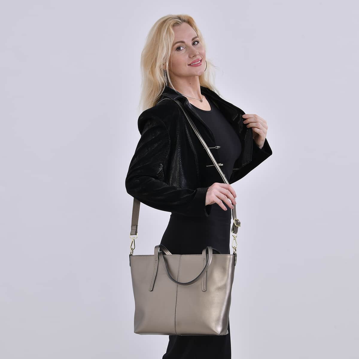 Metallic Bronze Genuine Leather Solid Tote Bag image number 1