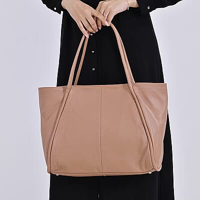 Khaki Solid Genuine Leather Fashionable Tote Bag