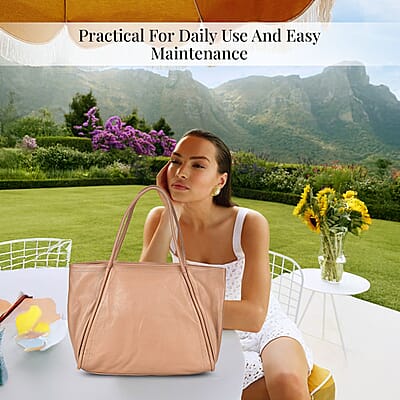 Khaki Solid Genuine Leather Fashionable Tote Bag