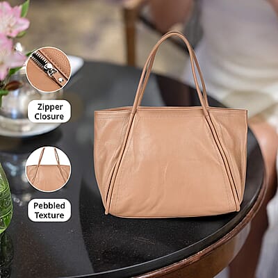 Khaki Solid Genuine Leather Fashionable Tote Bag