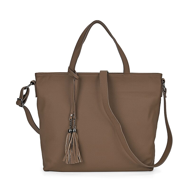 Brown Genuine Leather Tote Bag with Tassels