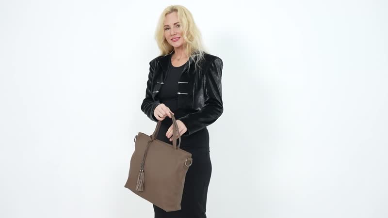 Olive Genuine Leather Tote Bag (13.8"x3.9"x13") with Tassels
