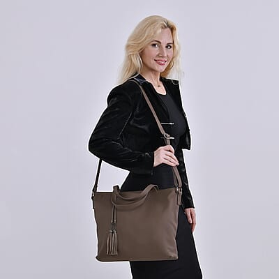 Brown Genuine Leather Tote Bag with Tassels