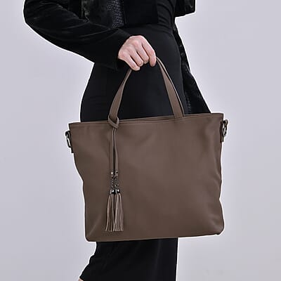 Brown Genuine Leather Tote Bag with Tassels