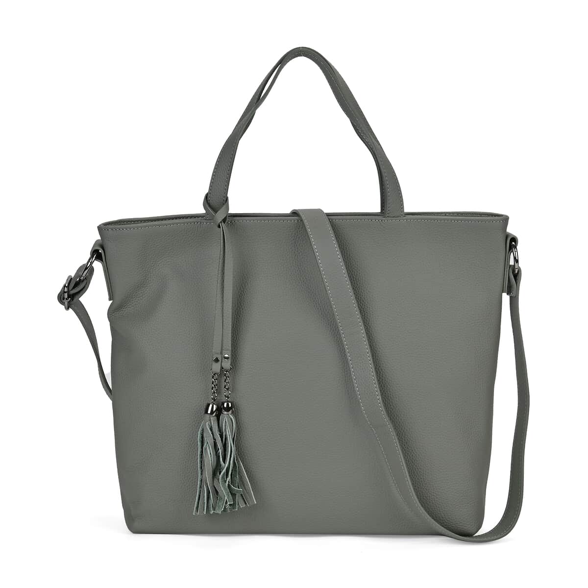 Gray Genuine Leather Tote Bag with Tassels image number 0