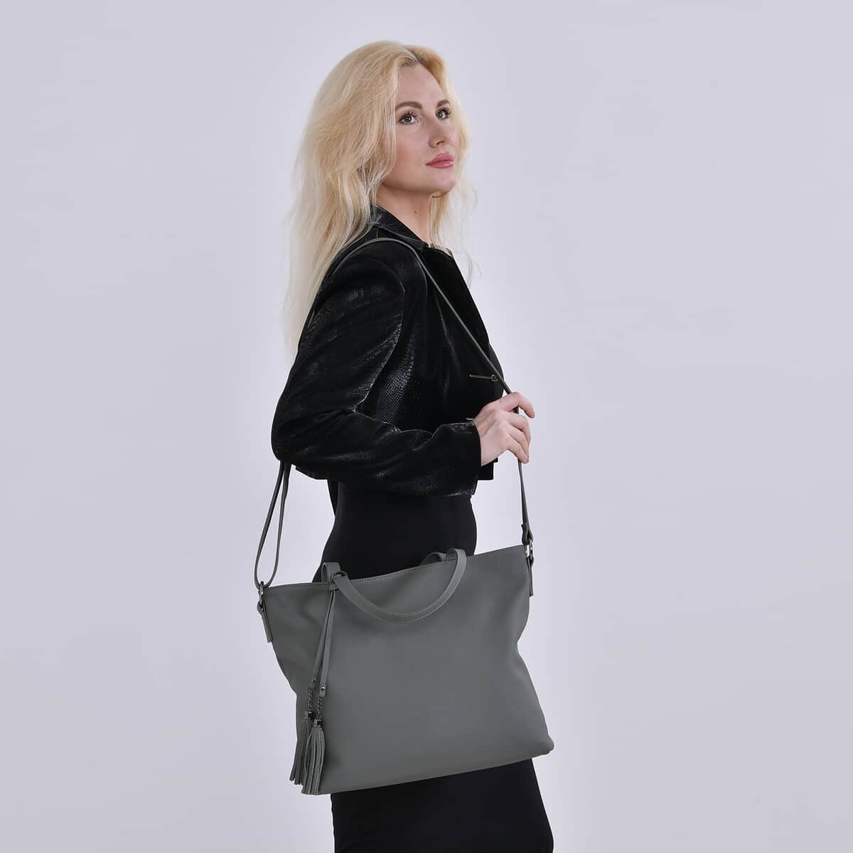 Gray Genuine Leather Tote Bag with Tassels image number 1