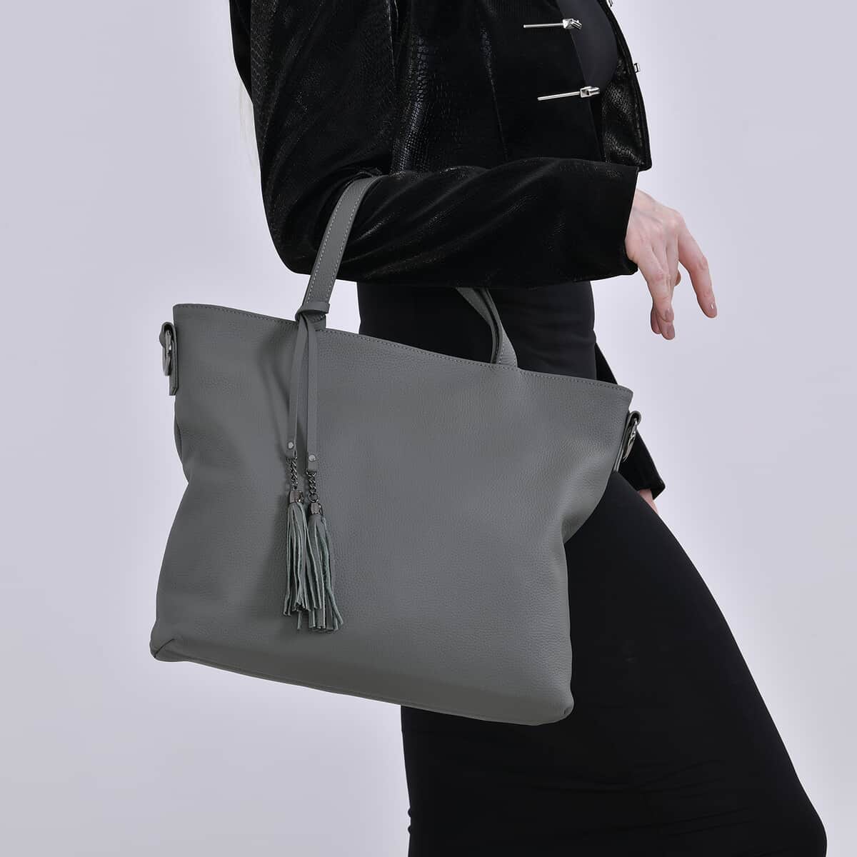 Gray Genuine Leather Tote Bag with Tassels image number 2