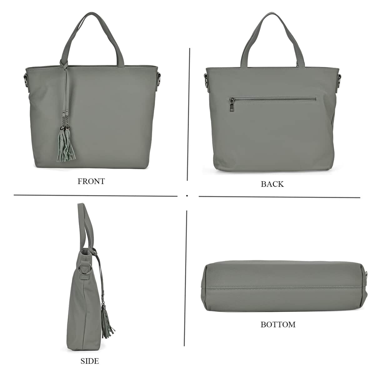 Gray Genuine Leather Tote Bag with Tassels image number 3