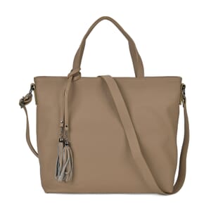 Khaki Genuine Leather Tote Bag with Tassels