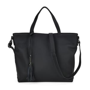 Black Genuine Leather Tote Bag with Tassels