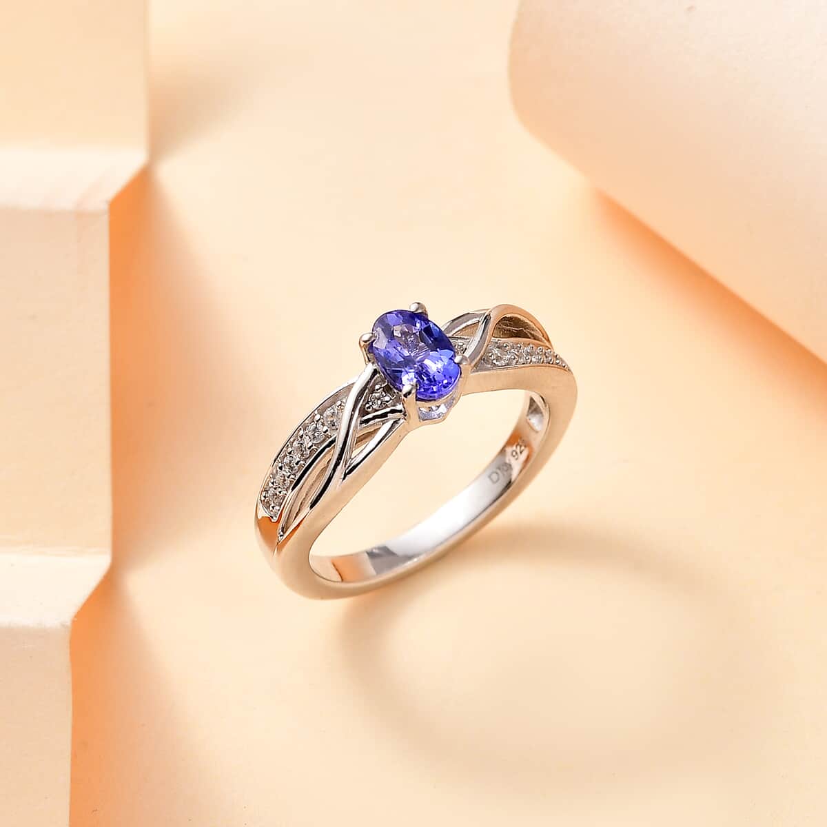 AAA Tanzanite, White Zircon Ring in Rhodium Over Sterling Silver (Size 10.0) 0.60 ctw image number 1