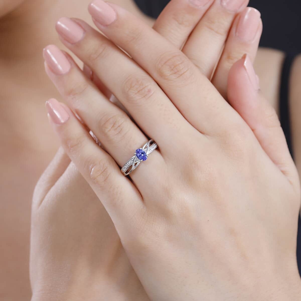 AAA Tanzanite, White Zircon Ring in Rhodium Over Sterling Silver (Size 10.0) 0.60 ctw image number 2