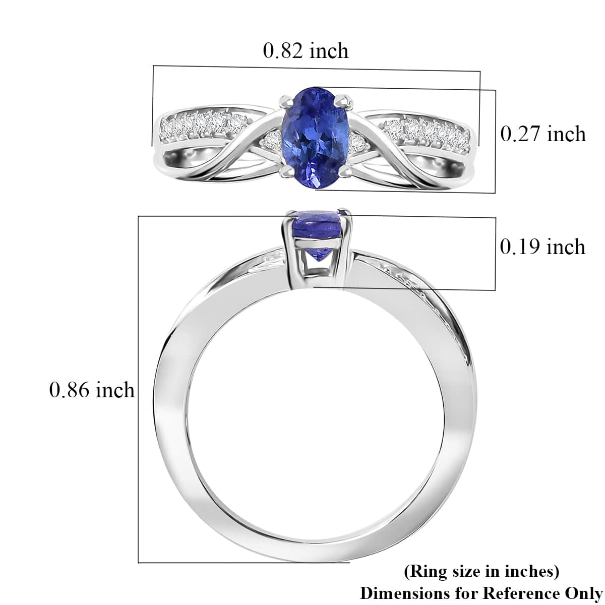 AAA Tanzanite, White Zircon Ring in Rhodium Over Sterling Silver (Size 10.0) 0.60 ctw image number 5